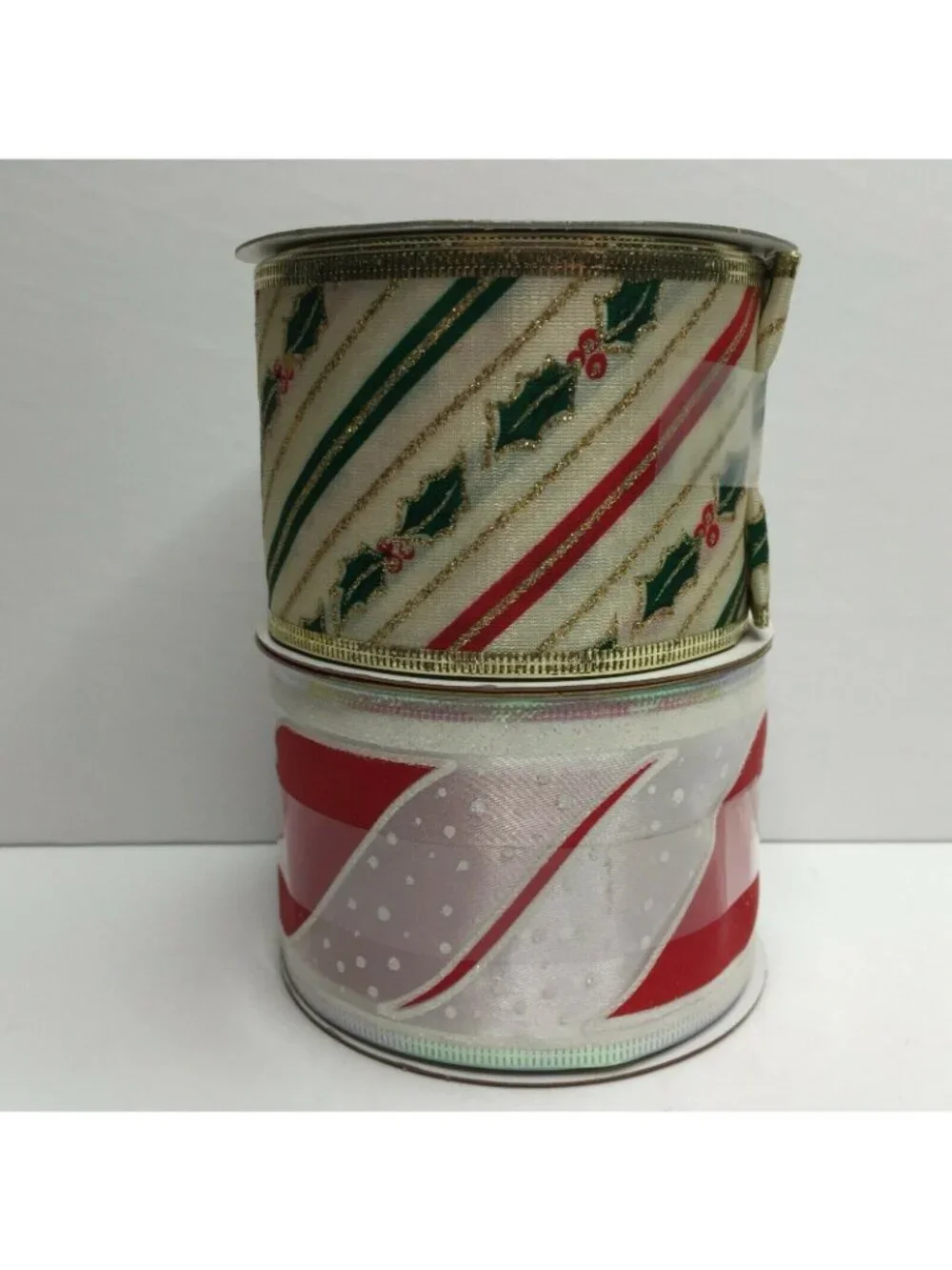 Santas Workshop Candy Cane Green Holly Striped Craft Ribbon Christmas Wreath 2.5